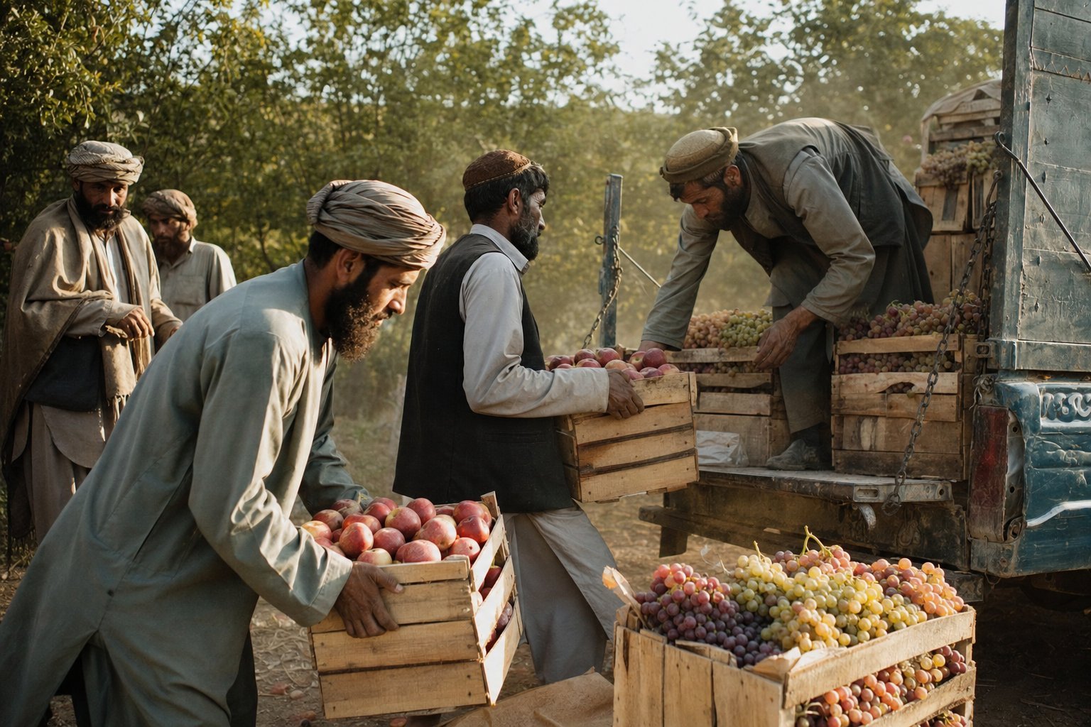 Farmers loading crates of apples and grapes onto a truck