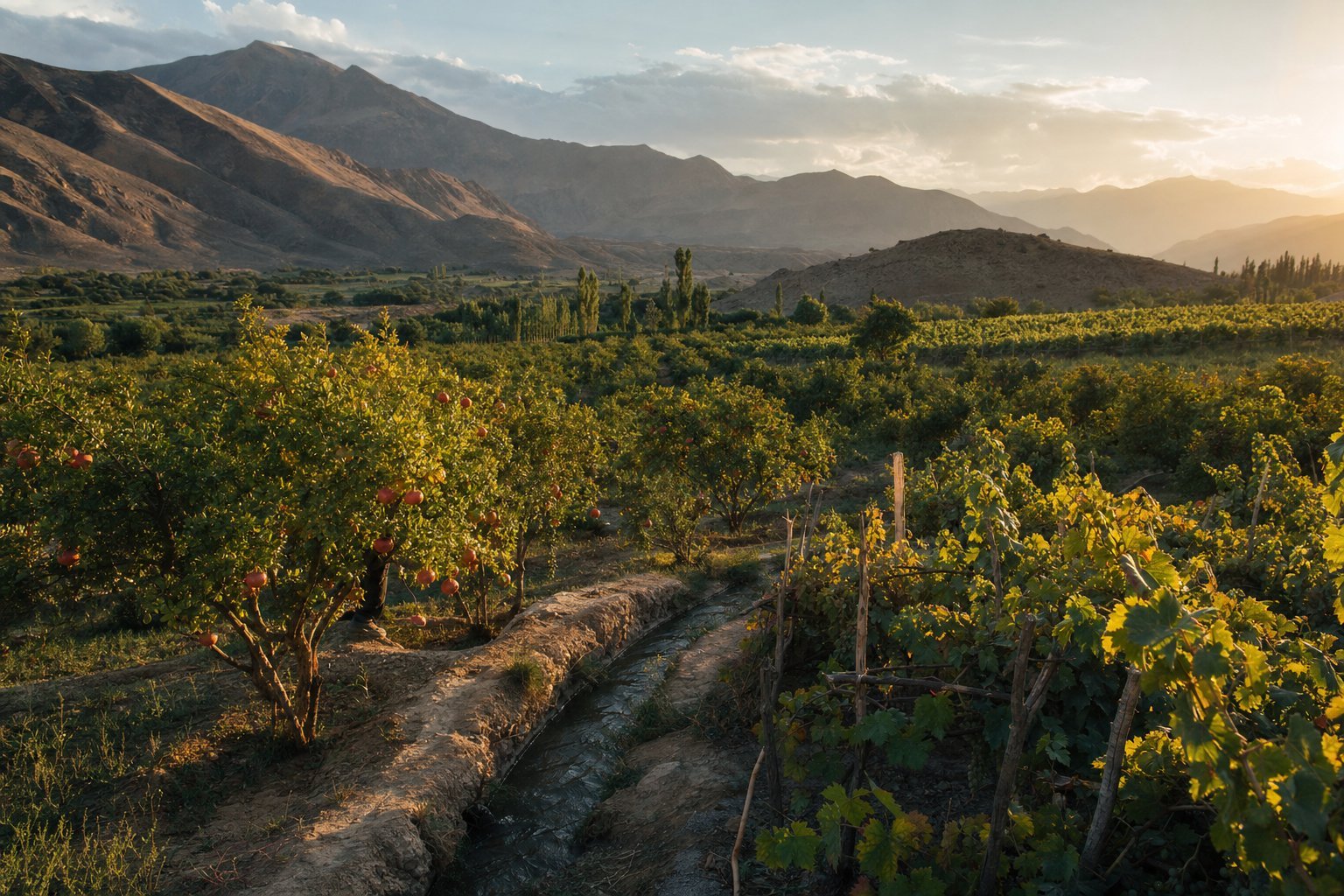 Afghan orchard and vineyard valley at golden hour