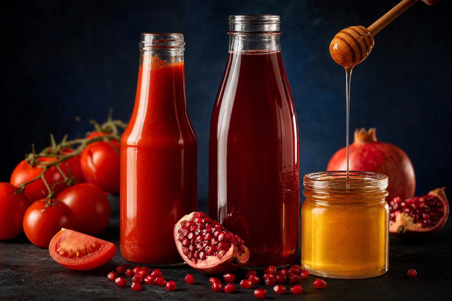 Bottled tomato ketchup, pomegranate juice and honey